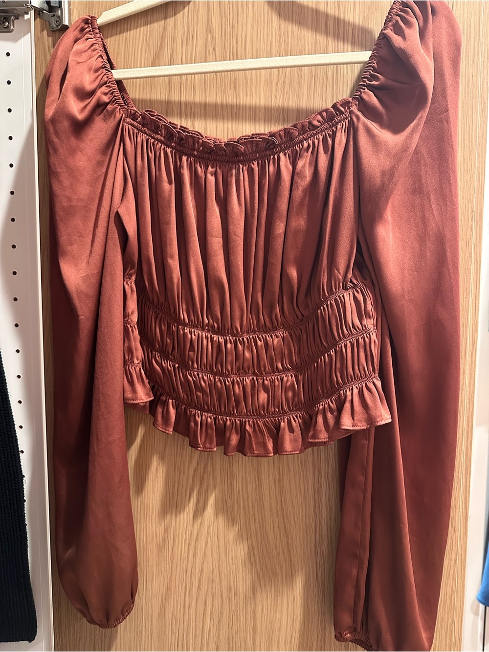 Rust Satin Ruched Peasant Blouse